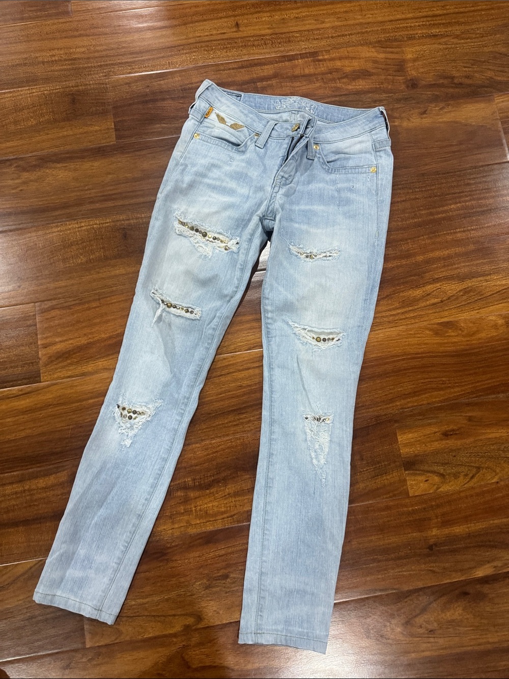 Robin's Jean Light Blue Distressed Skinny Jeans with Stud Accents